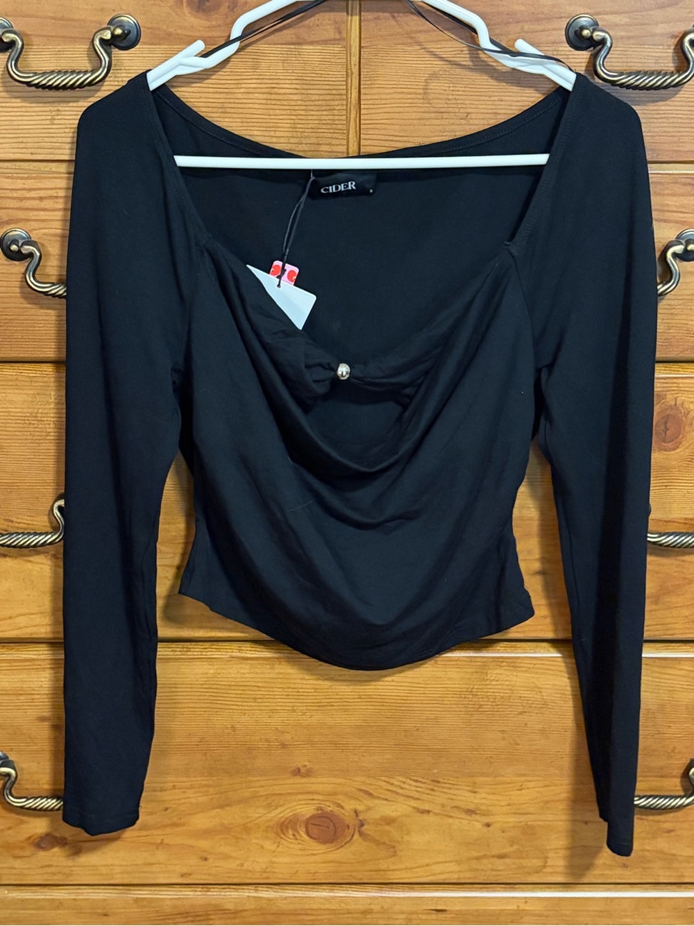Cider Black Long Sleeve Draped Front Top with Center Button